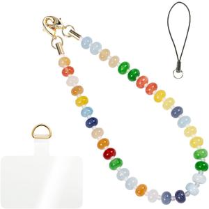 Handmade Natural Gemstone Crystal Beaded Charm Cell Phone Camera Lanyard, Hands-Free Wrist Strap, Phone Chain String, Keychain Decor for Walle (Colorful Candy)
