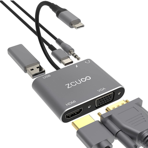 USB C Hub to HDMI VGA Multiport Adapter, ZCUOO 5-in-1 USB C to vga Multi-Port Adapter is Compatible with Type-C interfaces Such as USB 3.0 laptops and Nintendo (HDMI VGA USB PD100W Audio)