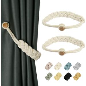 BEL AVENIR Curtain Tiebacks Magnetic Woven Curtain Holdback Drapery Tie-Back (Ivory Braid-2 Pack)