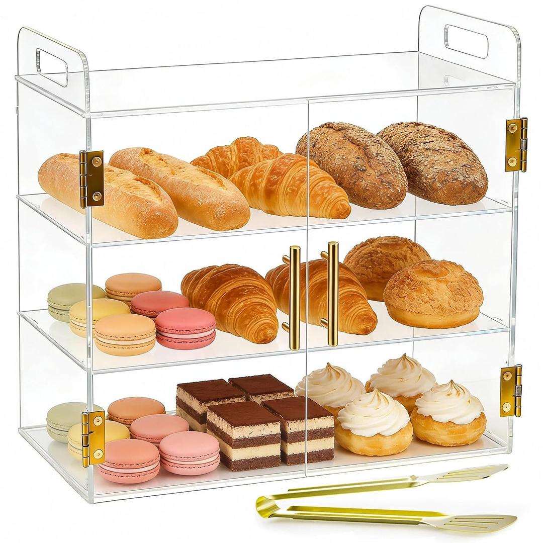 3-Tier Acrylic Countertop Bakery Display Case with Auto-Close Spring Door & Handle, 19.5"x10.2"x16.9" Clear Food Pastry Display Case for Bread, Dessert, Cookies, Donuts, Bakery, Coffee Shop