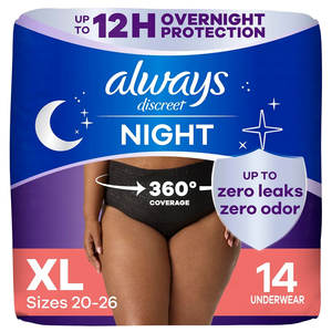 Always Discreet Adult Incontinence Overnight Underwear for Women, Extra Large, Up to 100% Bladder Leak Protection, 64