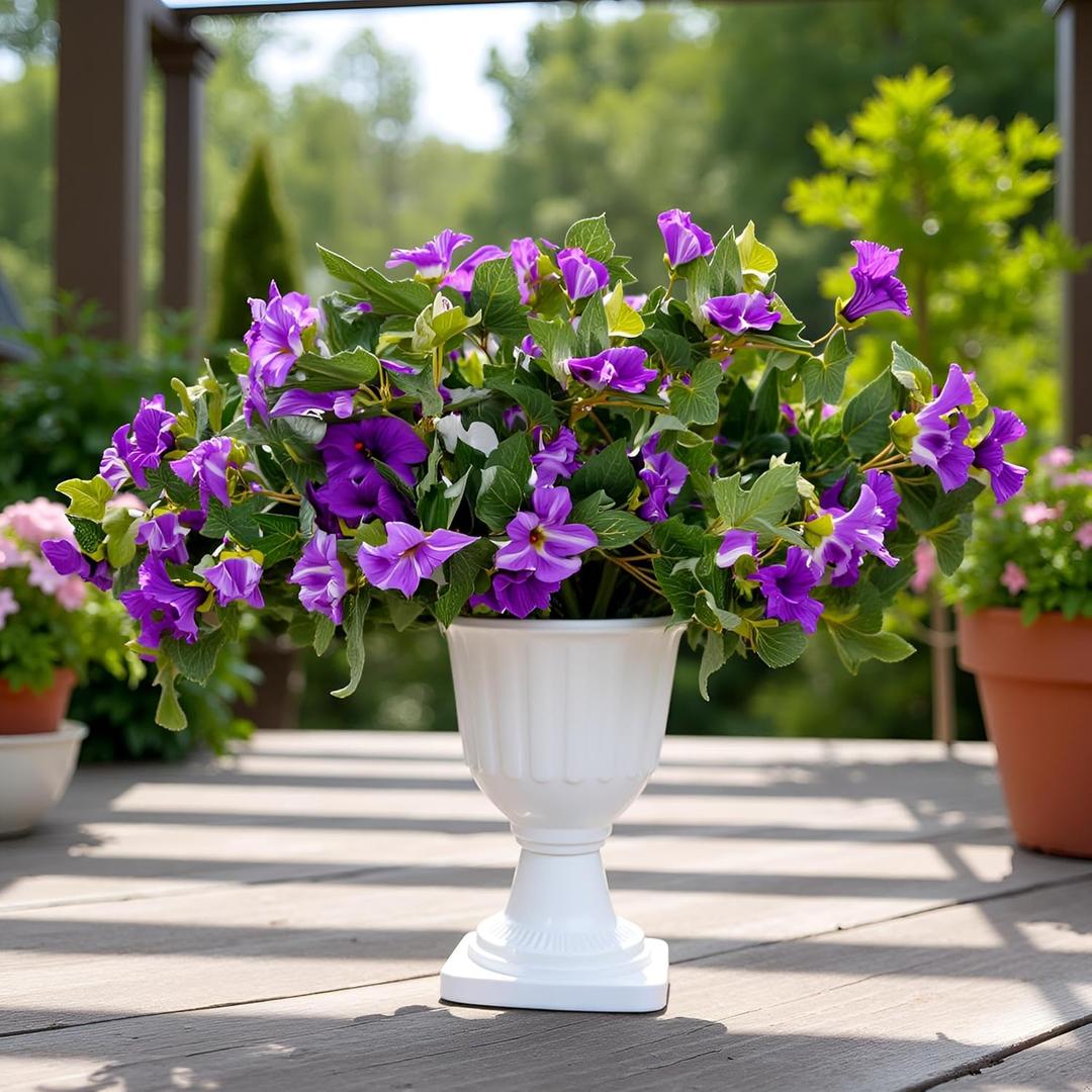 Artificial Fake Flowers Plants for Outdoor, 2PCS Faux Morning Glory Look Real Silk Flowers for Outside, Faux Petunias Flower UV Resistant No Fade Floral for Home Garden Balcony Yard Porch Decor (Purple White)