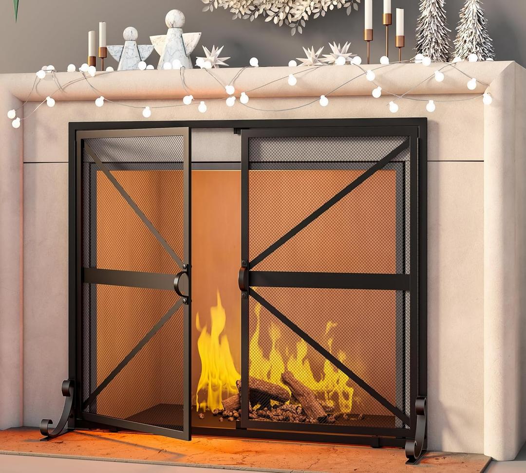 Fire Beauty Fireplace Screen with Doors, 2-Pannel Handcrafted Solid Wrought Iron Decorative Mesh,Baby Safe Proof Firewood Burning Stove Accessories(Black) (37.8" L x30.7 " H)