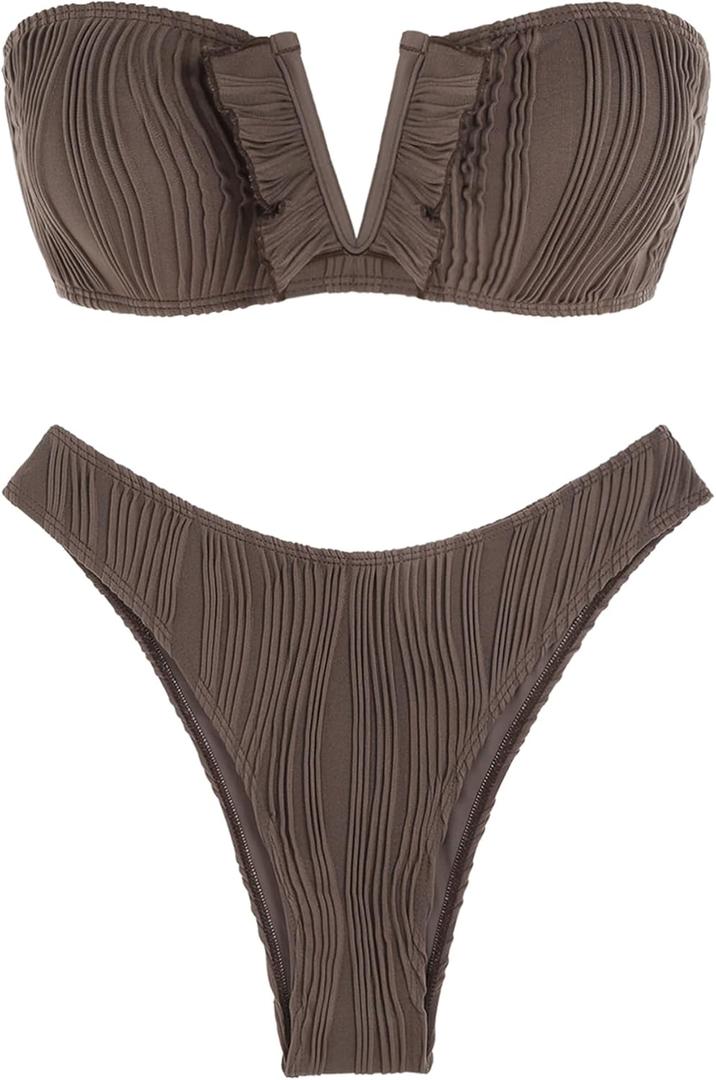 ZAFUL Women's Strapless Ribbed V Wired Lace Up Ruffle Tie High Cut Bandeau Swimsuits Bikini Set (5-deep Coffee)