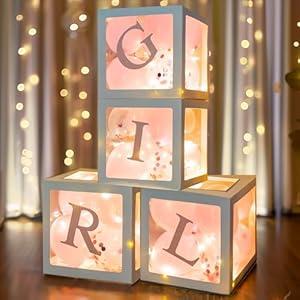 Uptotop Baby Shower Decorations Clear Balloon Blocks with Fairy String Lights, 4 Pack Transparent Balloon Boxes Including 30 Letters, 4 Warm White Fairy Lights & 36 Latex Balloons, Pink