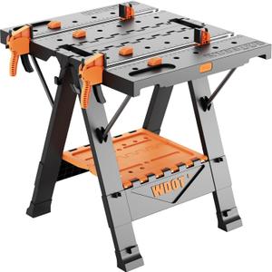 2-in-1 Folding Work Bench & Sawhorse, Easy Setup Portable Work Table, 31" W x 25" D x 32" H, Laser-Engraved Scale,Lightweight Worktable with Large Load Capacity, 2 Clamps & 6 Bench Dogs