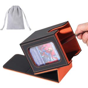 AFIING MTG Deck Box for Commander Display,Card Deck Case Fits 100 Double Sleeved Cards, Magic Commander TCG Card Storage Box with 2 Dividers,Dice Bag and 1 Toploader(Black/Orange)
