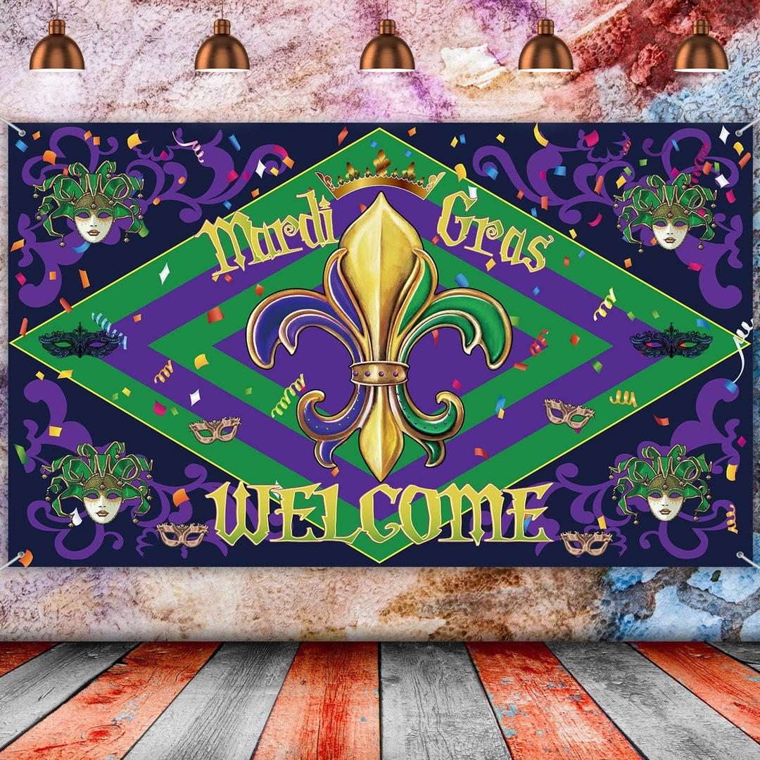 Blulu Mardi Gras Backdrop, Extra Large Photo Booth Background with Green, Purple, 70.8 x 43.3 Inch, Durable Polyester Fabric