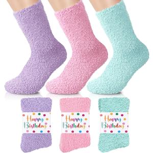 Geyoga 3 Pairs Fuzzy Socks for Women Happy Birthday Gifts Soft Fluffy Cozy No Shed Slipper Sock Thick Warm Sleeping Sock (Pastel)