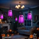 3P Lights Up Hanging Ghosts Halloween Decorations Outdoor(Purple & Orange), Timer, IP65 Waterproof, Battery Operated Halloween Lights with Witch Hats, Holiday Decorations for Tree Patio Garden