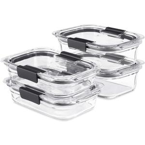 Rubbermaid Brilliance Glass Food Storage set of 4 containers 8 total pieces (4 containers + 4 lids) for Lunch Meal Prep and Leftovers Dishwasher and Oven Safe Clear/Grey