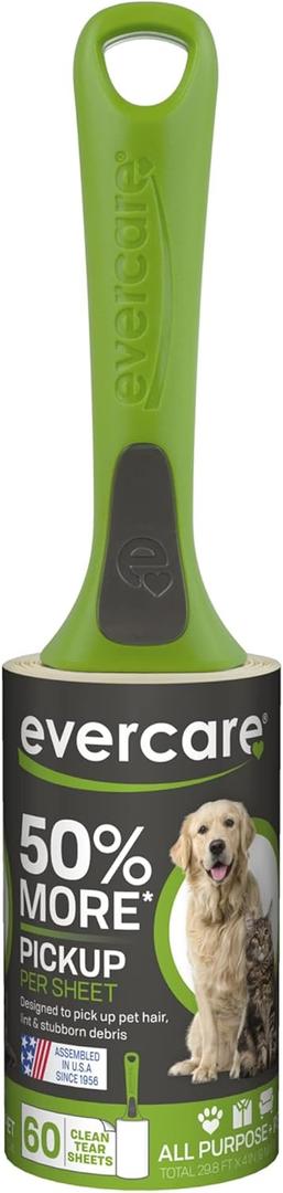 Evercare Giant Extreme Stick Lint Roller Brushes with 60 Easy-Peel Sheets, Pack of 5 Refillable Lint Rollers for Hair and Debris (300 Sheets Total)