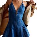 Yoawdats Women Spaghetti Strap Denim Romper Sleeveless V Neck Backless Tie-Up Jean Short Jumpsuits Y2k Ruffle Jean Overalls (Blue, XL)