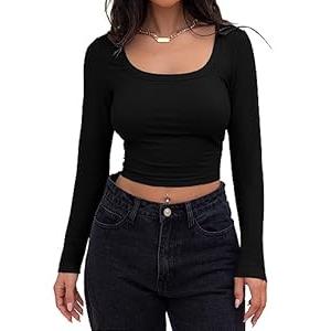MEROKEETY Women's Long Sleeve Square Neck Crop Top Ribbed Slim Fitted Y2K Casual T-Shirt Tops