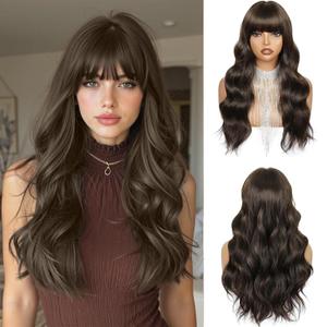 SUKRI Long Wavy Wig with Bangs for Women Dark Brown Curly Wigs Natural Wavy Synthetic Wigs for Daily Party Cosplay 20 Inch (Dark Brown)