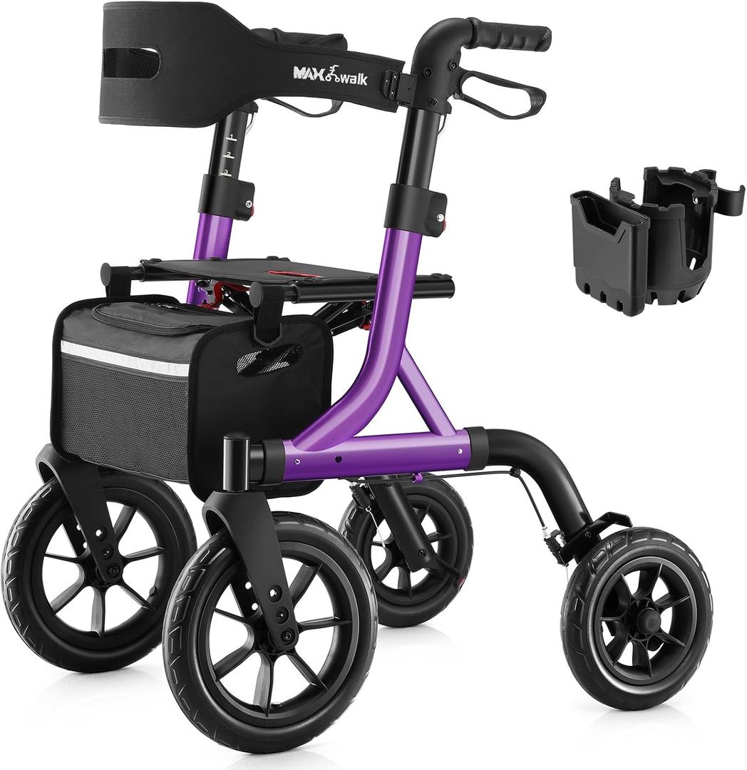 MAXWALK Walkers for Seniors, Rollator Walker with Seat, 12" Big Rubber Wheels All Terrain Rollator Walker with Backrest, Built-in Cable, Cup Holder, Foldable and Height Adjustment for Seniors, Purple