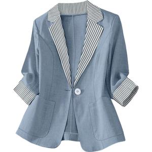 winkbay Women's Elegant Striped 3/4 Sleeve Blazer Button Lapel Collar Business Casual Suit Jacket with Pocket Blue Small