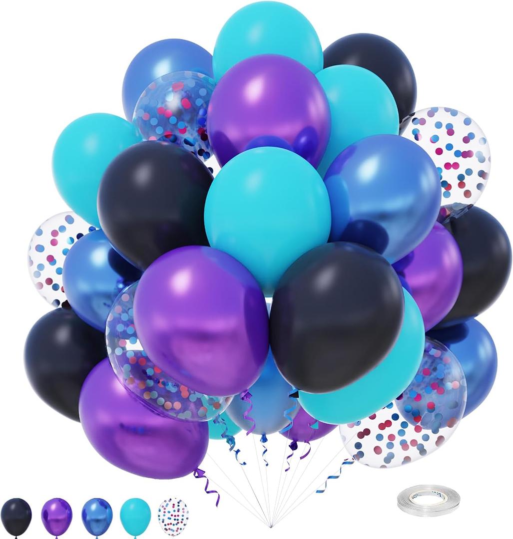 2 x Metallic Blue Purple Balloons with Confetti - Latex Balloons for Halloween, Boys, Space, Wedding Parties