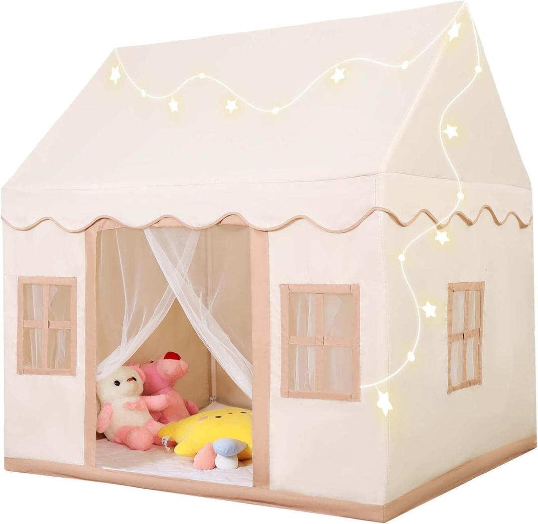 Large Play Tent with Mat for Toddler & Kids, Indoor Playhouse Tent with Star Light and Windows for Girl & Boy Ages 1-13,Washable Foldable,Reading Nook,47" x 40" x 52 " (Beige)