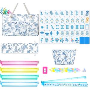 Ceenna 271 Pcs Chinoiserie American Mahjong Tiles Set, 160 Blue Tiles Mah Jong Set 3 Mahjong Carrying Bag 4 All-in-one Racks with Pushers, 100 Scoring Coins, 3 Dice, Wind Indicator for Game Party, Large
