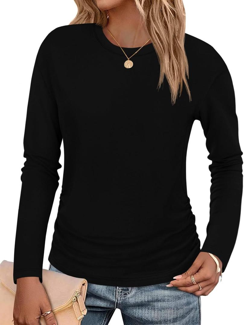 Tankaneo Womens T-Shirts Summer Long Sleeve 2025 Crew Neck Blouse Dressy Casual Ruched Slim Fit Trendy Tops