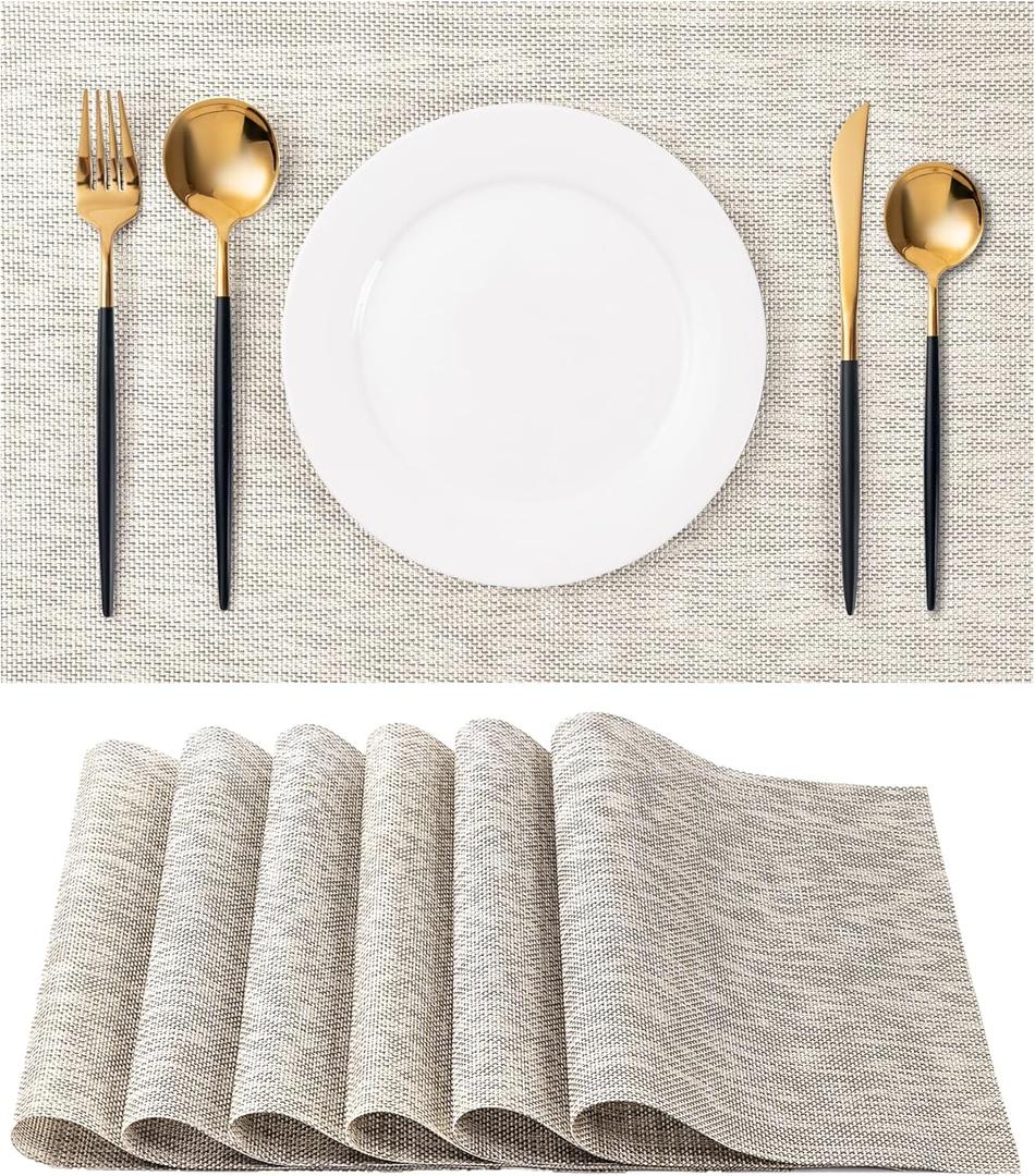 Placemats Set of 6 Washable Indoor/Outdoor Vinyl Place Mats for Dining Table Durable Non-Slip Heat Resistant PVC Weave Table MatsBeige