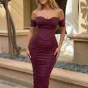 Women's Off the Shoulder Midi Dress Built-in Bra Ruched Corset Bodycon Formal Night Out Cocktail Party Dresses (Purple, M)