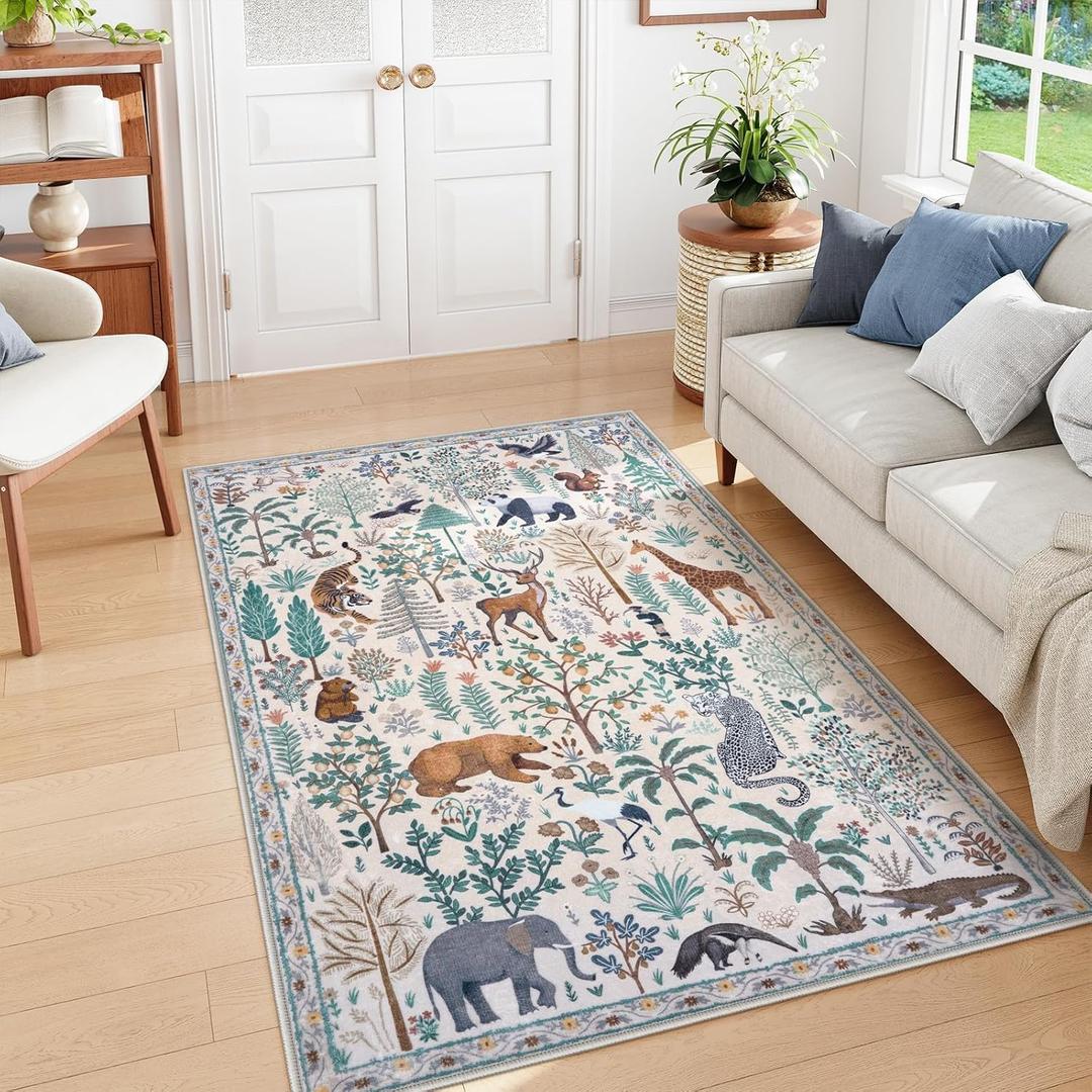 OJIA Jungle Print Washable Area Rugs 5x7, Soft Modern Rugs for Living Room Ultra-Thin Non-Shedding Bedroom Rug, Stain Resistant Neutral Area Rug Large Carpet for Dining Room Kids Nursery Playroom (Cream)