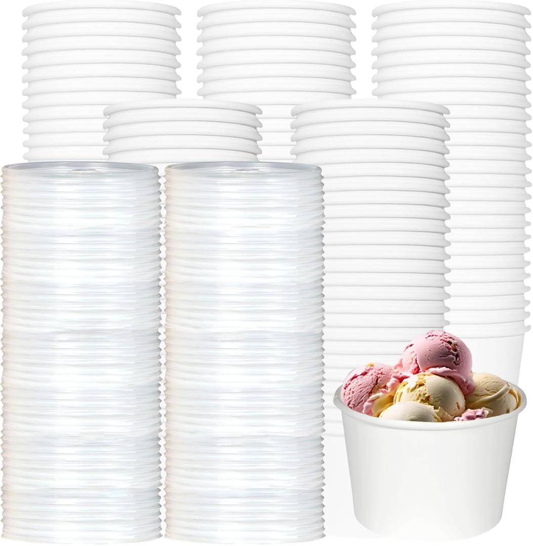 100 Pack Paper Soup Containers with Lids, 8 Oz Heavy Duty White Kraft Paper Bowls, Disposable Ice Cream Cups for Yogurt, Cold and Hot Foods