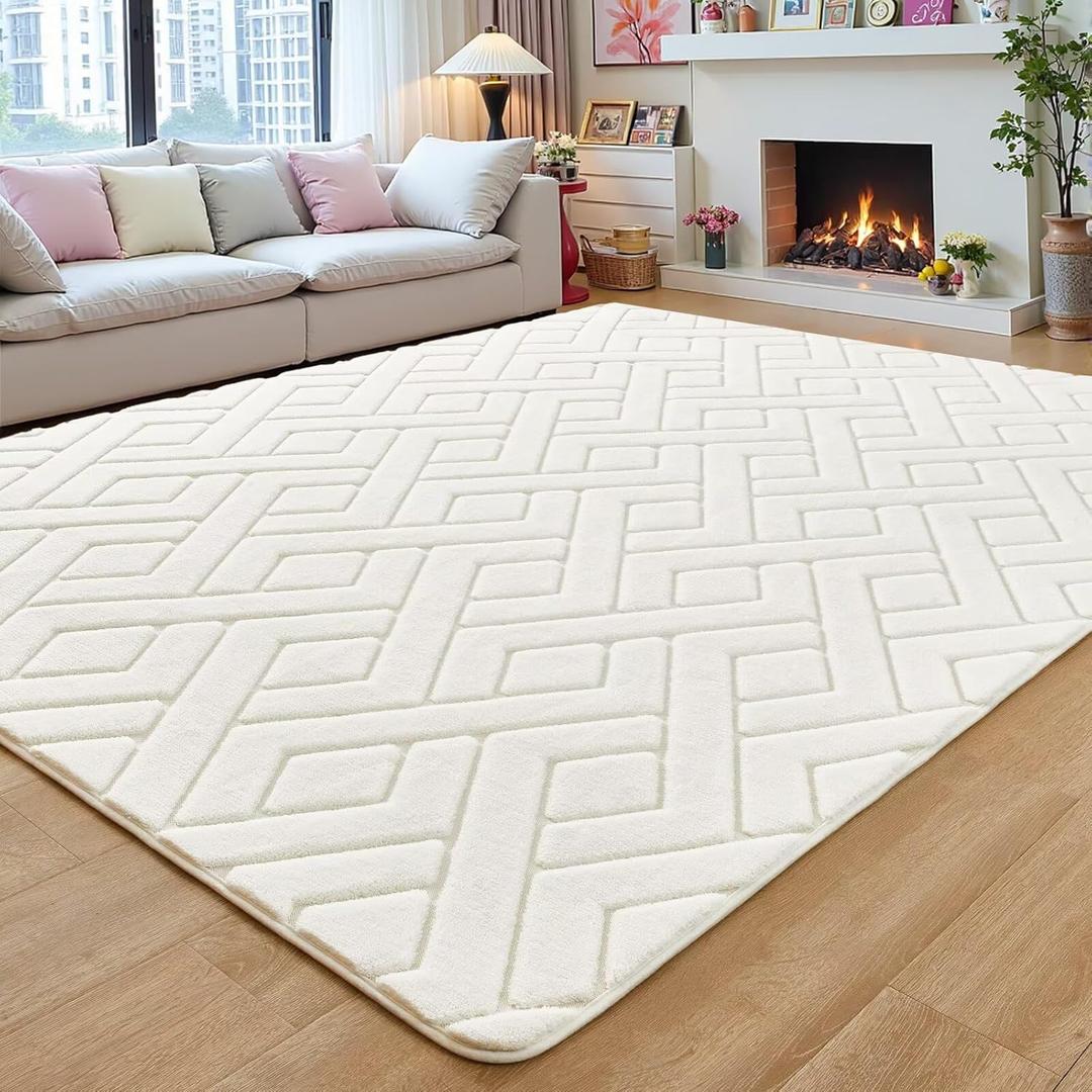 Flagover 5x7 Cream White Washable Area Rug for Bedroom Living Room, Modern Geometric Shag Non-Slip Rugs, Fluffy Plush Soft Memory Foam Carpet for Kids Girls Room Nursery Decor