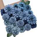 Dusty Blue Flowers Artificial Roses Combo Set Faux Blue Silk Flowers Fake Roses Mix Chrysanthemum Dahlia with Stems for Wedding Bouquets Baby Bridal Shower Party Floral Arrangements Decor