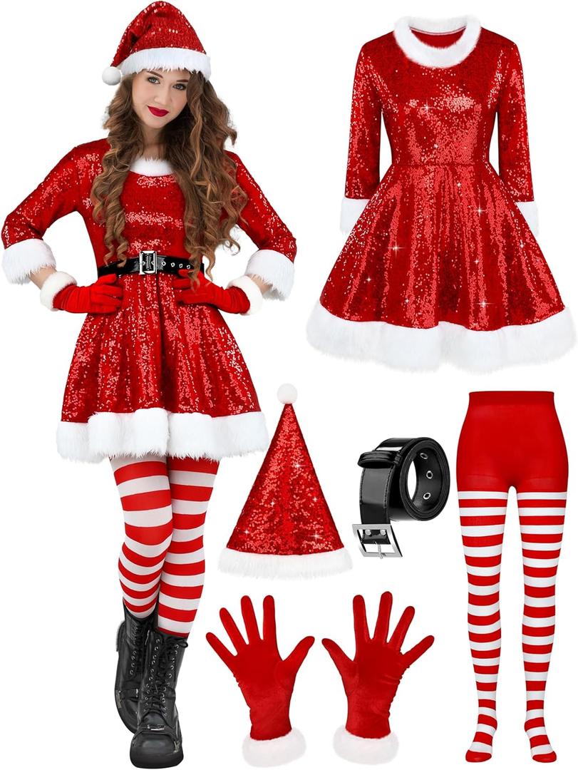 SOMSOC Women Santa Claus Costume Red Velvet Sequin Santa Dress with Belt Hat Striped Tights Gloves Santa Outfit for Christmas (Small)