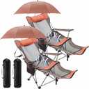 Yuntau 2 Set Reclining Beach Chairs with Umbrella & Footrest, Portable Adjustable Folding Mesh Lounge Chair with Headrest & Storage Bag for Camping, Fishing, Outdoor, Patio(Orange)