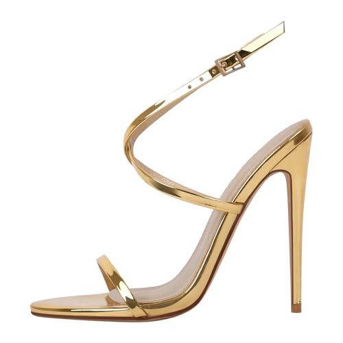 onlymakerheels Strappy High Stiletto Heels, Ankle Strap Buckle Heeled Womens Sandals, Sexy Comfort Open Round Toe Heels for Daily Party Dress Gold Size 14