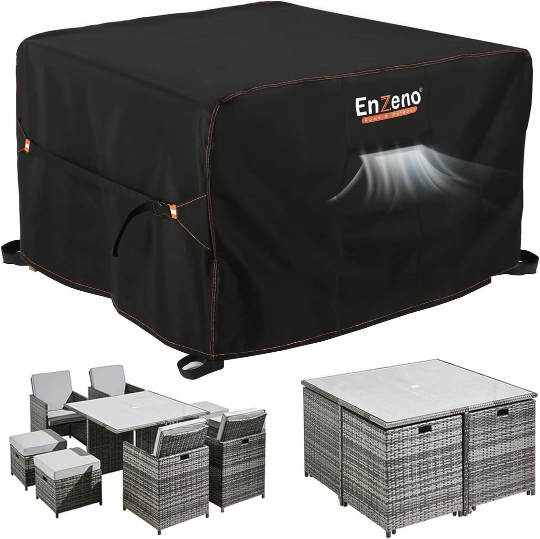Enzeno Patio Furniture Set Cover Waterproof, Square Outdoor Table and Chair Set Covers, Heavy Duty Outside Weatherproof Garden Rattan Set Covers for Protection 49" L x 49" W x 28" H Black