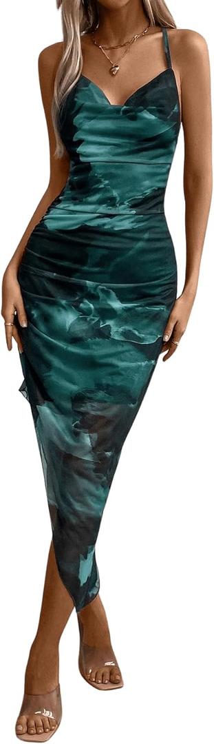 GORGLITTER Women's Mesh Ruched Bodycon Birthday Midi Dress Tie Dye Asymmetrical Party Going Out Wedding Guest Dresses Rose Red Large