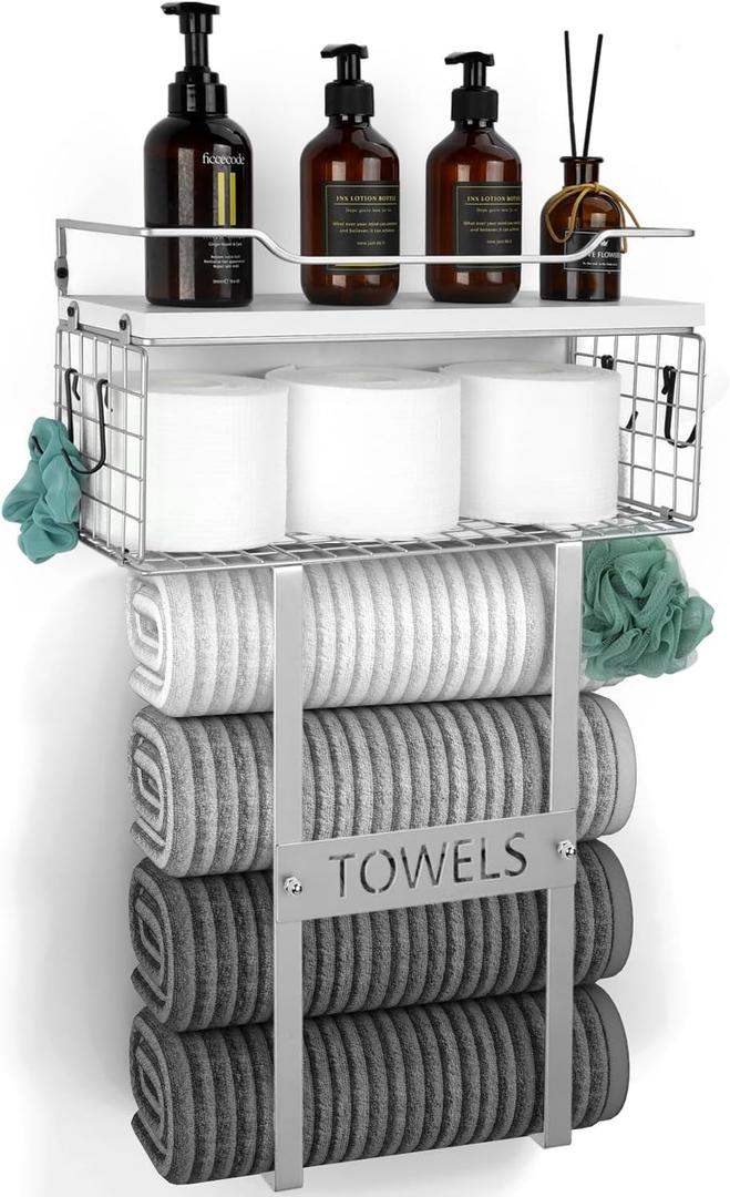 Towel Racks for Bathroom Wall Mounted - Bath Wall Towel Holder Set Above Toilet Storage, Rolled Towel Shelf Organizer for Small Bathroom, Wood Vertical Towel Rack for Bathroom Wall Decor Silver