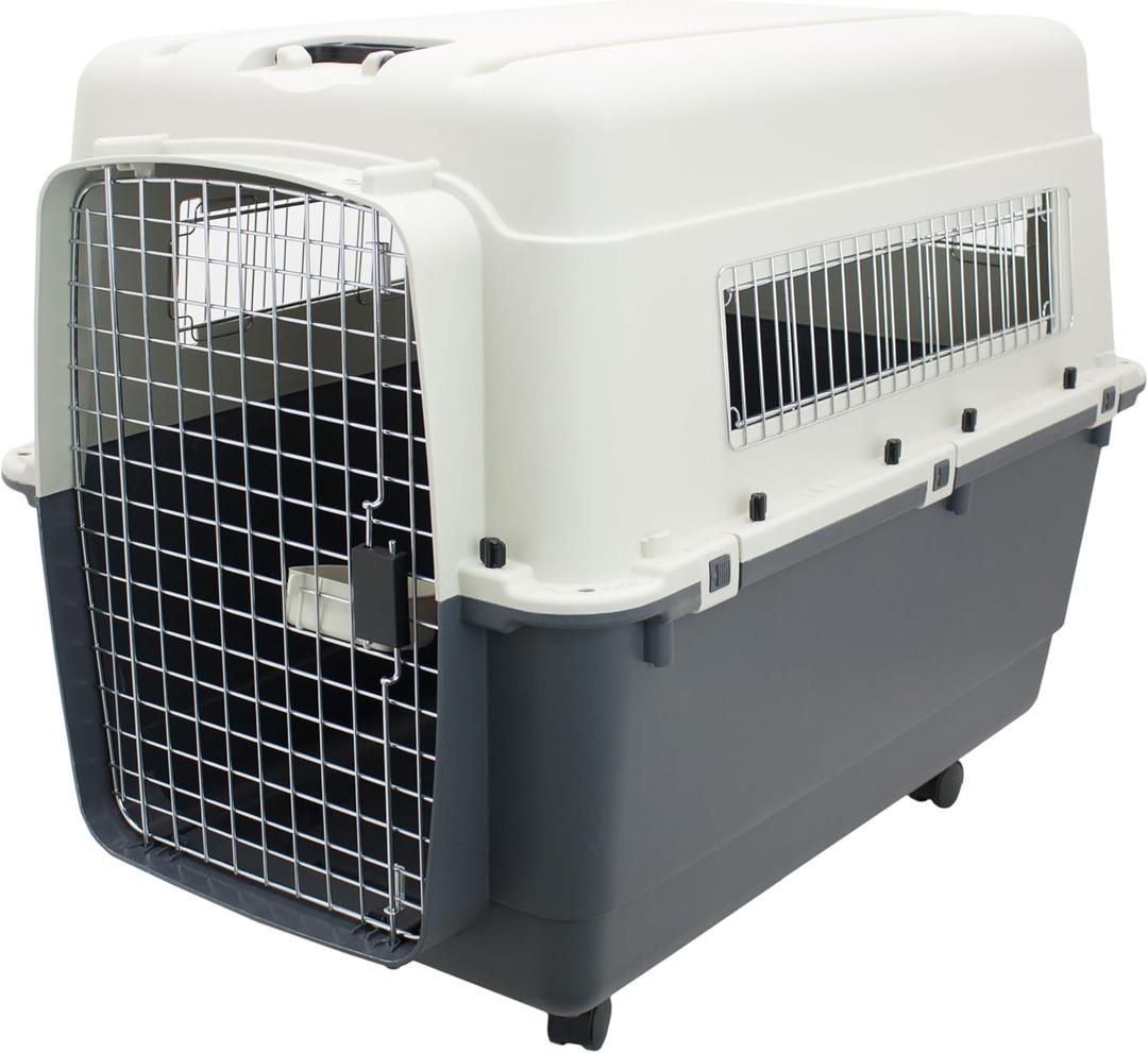 SportPet Designs Plastic Kennels Rolling Plastic Airline Approved Wire Door Travel Dog Crate, XXX-Large, Gray