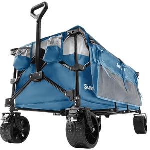 SUNNYFEEL 49''L 550lbs Heavy Duty Wagon Cart Foldable with Wheels,Extra Long Fold Up Wagons Carts with Side Pocket and Brakes for Camping Sports Garden Shopping (Blue)