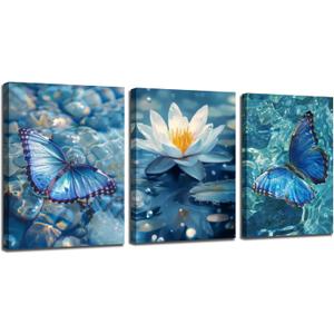 Arjun Blue Abstract Butterfly Canvas Wall Art Water Lily Painting Zen Stones White Lotus Flower Teal Turquoise Pictures Framed for Living Room Bedroom Bathroom Spa Salon Home Office Wall Decor (12"x16"x3 Panels)