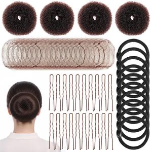 Brown Hair Bun Maker Kit - 4-in-1 Donut Sponge Hair Styling Set for Perfect Buns, Professional Hairs Net & U-Pins for Ballet, Dance
