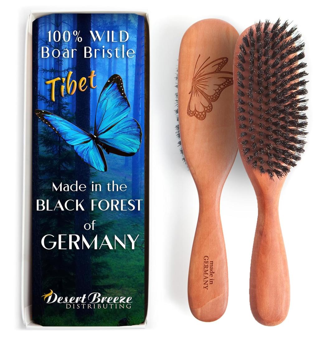 100% Wild Boar Bristle Hairbrush for Natural Healthy Hair, The Tibet brush, Medium Soft Bristles, Pear Wood Handle, for Fine or Thinning Hair, for Women & Men, Made in Germany's Black Forest