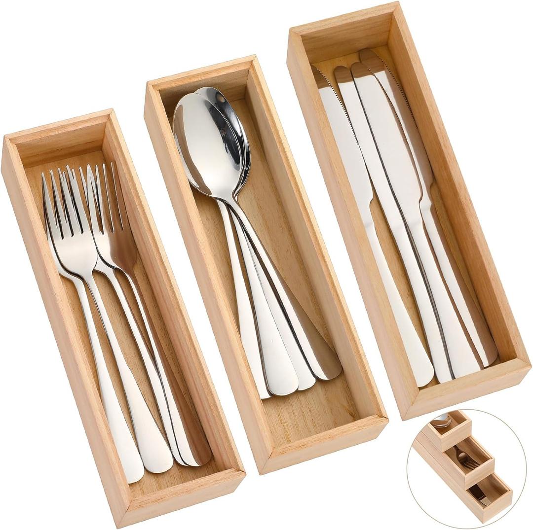 Baderke 3Pcs Bamboo Drawer Organizer 10 x 3 x 2'' Kitchen Silverware Organizer Tray Long Stackable Storage Box Wooden Utensil Holder with Silverware Set for Kitchen Bathroom Cabinet(Natural)