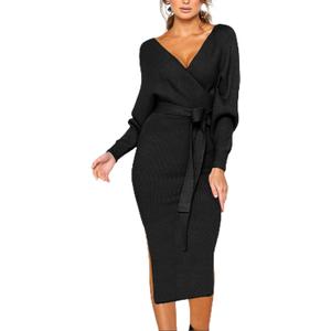 CHERFLY Women's V Neck Sweater Dresses Batwing Long Sleeve Backless Bodycon Long Dress with Belt (Black Beauty), XL
