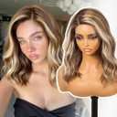 KOME Brown Highlight Synthetic Lace Front Wig,Side Part Short Curly Bob Wig,Shoulder Length Wig for Women Daily Use 16IN