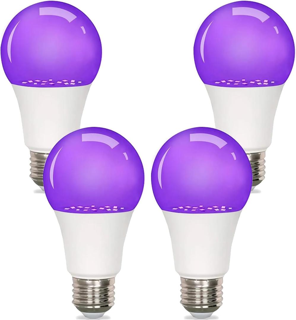 GODUORA 4 Pack Halloween LED Black Light Bulb 9W, UV Blacklight Bulb Replace 100W, 385-400nm,A19,E26 Base 120V, Party Glow Decor,Blacklights Bulbs Non-Dimmable