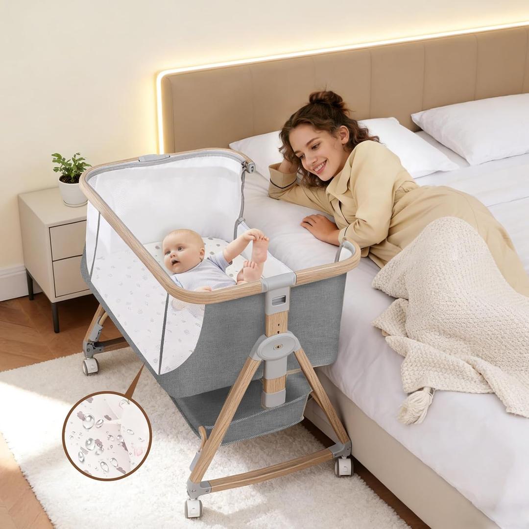 Baby Bassinet, 3 in 1 Bassinets Bedside Sleeper with Waterproof Sheets, Breathable Mesh, 6 Adjustable Height Bedside Bassinet for Baby with Wheels, Storage Basket, Gray | Sturdy and safe, Breathable material, Easy to move, with a crib sheet, soft mattress, bedside sleeper
