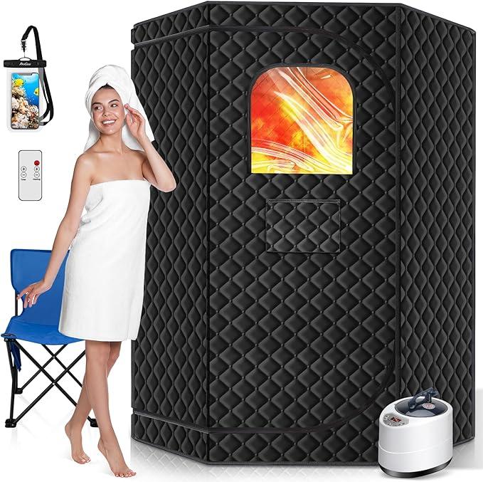 Portable Sauna Box for Home, Personal SPA Steam Sauna with 10 Min Fast Heating & 9 Levels Heat, Warm Sauna Tent with 3L/1200W Steamer, Folding Chair, Remote Control for Body Relaxation