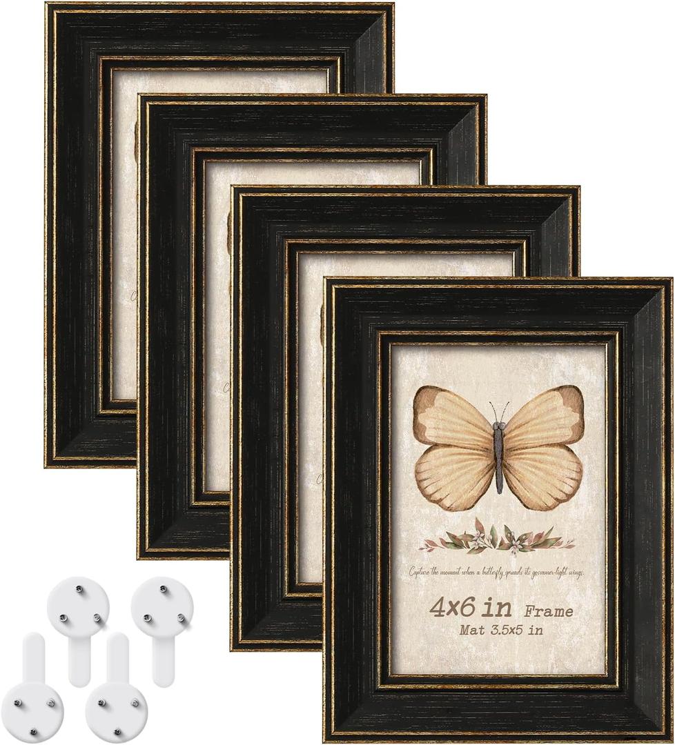 Black 4x6 Picture Frames, Rustic Distressed 4 x 6 Photo Frame Set of 4, Vintage Farmhouse Black and Gold Frame with Mat for 3.5x5, Small Matted Frame for Wall Hanging or Tabletop, Home Decor, 4 Pack
