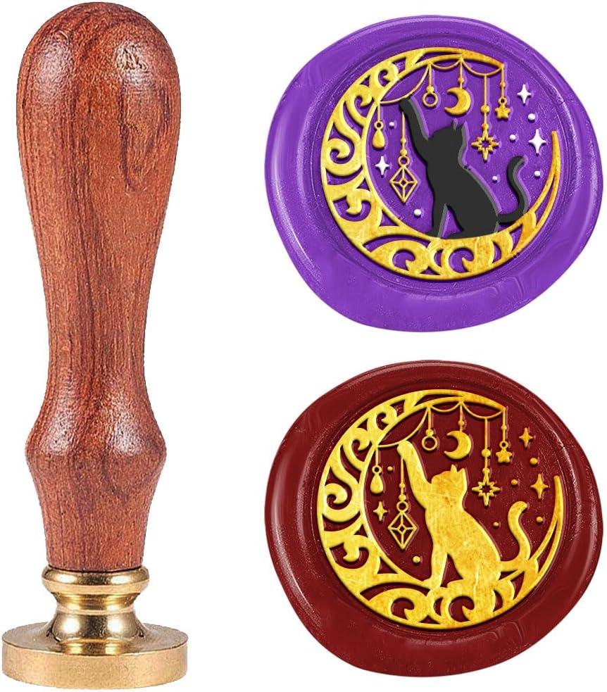 DELORIGIN 1" Moon Cat Wax Seal Stamp Retro Dreamy Sealing Stamps Removable Brass Head Seal Stamp with Wooden Handle Sealing Wax for Greeting Card Letter Invitations Gift Card Envelope Birthday